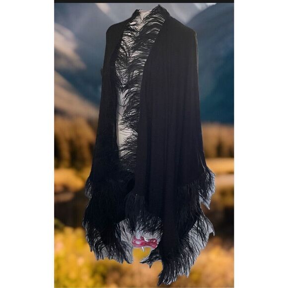 Adrienne Landau Womens One Size Ostrich Feather Trim Shawl Duster Black NWT